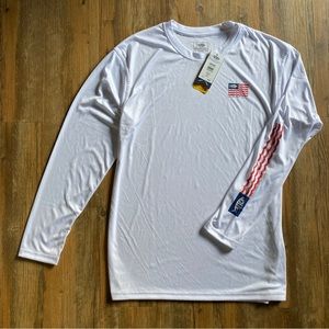 AFTCO red, white and blue crew neck fishing gear sun protection shirt